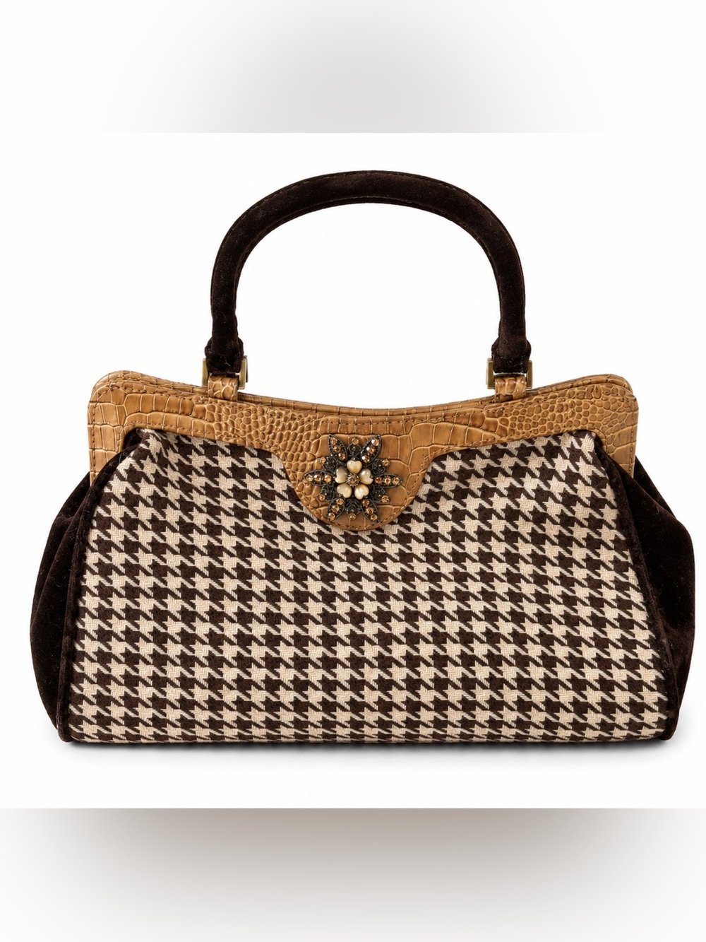 Vintage Marshall Fields Houndstooth Top-Handle Satchel with Camel Trim